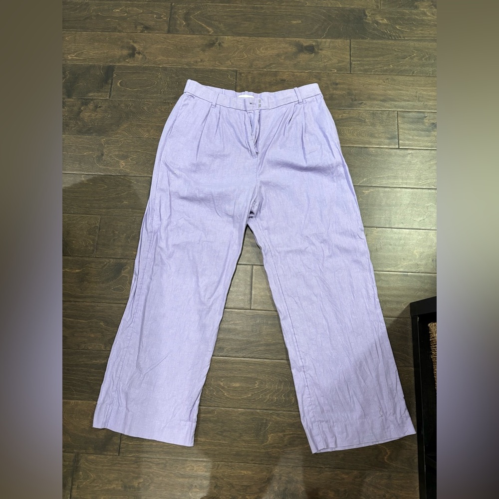 Lilac linen pants from a&f Combo button + elastic waistband.
